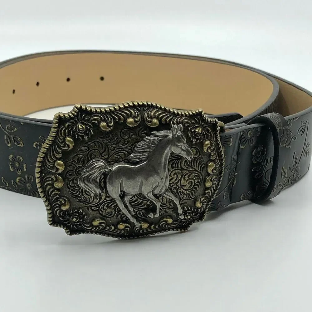 Women's Black Faux Leather Western Belt w/ Horse Buckle, 36.5-45.5 in, X7G9A966